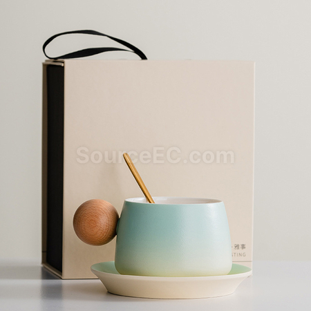禮品訂造漸變木柄陶瓷咖啡杯禮盒紀念品